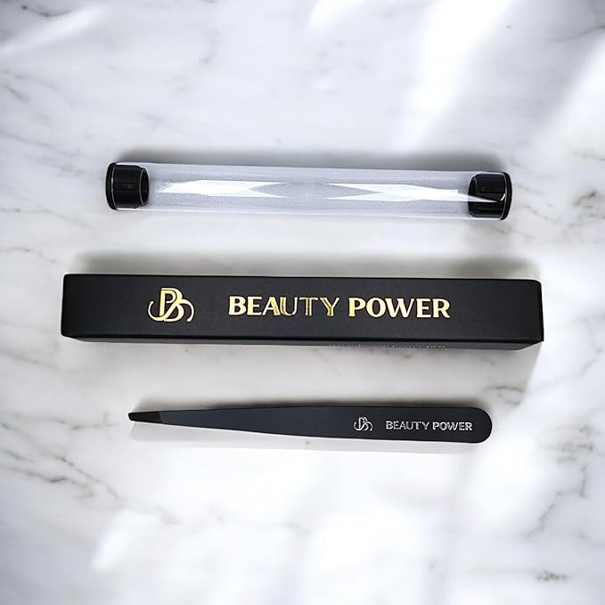 Beauty Power Tweezers for Women Facial Hair. Ultra Precision Tweezers for Women & Men, Sharp Slant Tweezer for Eyebrows, Ingrown Hair Removal. Professional Plucker, German Stainless Steel 3-Pack Black