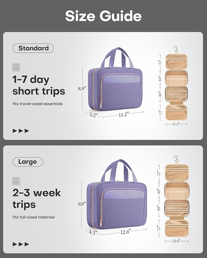 HOTOR Hanging Travel Toiletry Bag Women Men, Light Purple, Medium