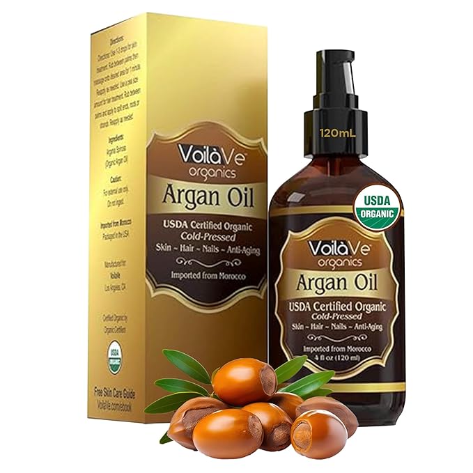 VoilaVe USDA Pure Organic Moroccan Argan Oil for Skin, Nails & Hair Growth, Anti-Aging Face Moisturizer, Cold Pressed, Hair Moisturizer, Rich in Vitamin E, As Seen On TV - 4 fl oz