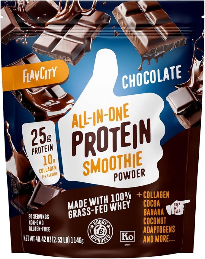 FlavCity Chocolate All in One Protein Shake Powder - On the Go Meal Alternative + Collagen Peptides, Reishi & Cordyceps - Focus, Skin, Hair & Joint Support - 100% Grass Fed Whey, 20 Servings
