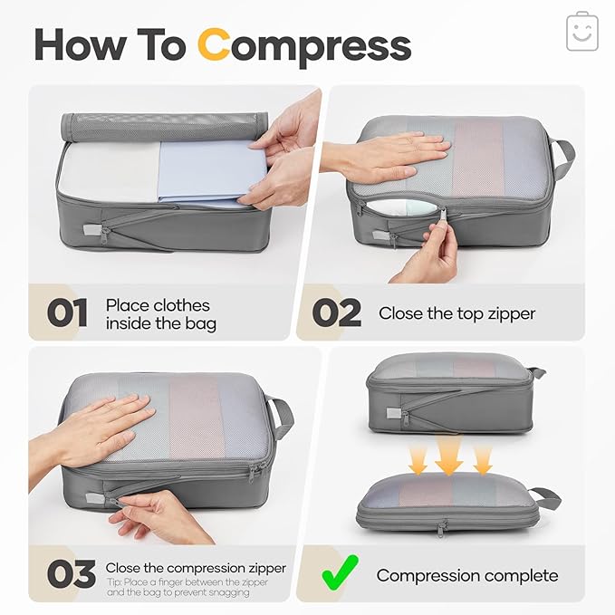 Veken 11 Set Compression Packing Cubes Garment Bags for Travel Essentials,Compressible Expandable Luggage Organizer Bags for Clothing,Space Saver Bags with Over 1000 pcs of Mesh Holes(Gray)