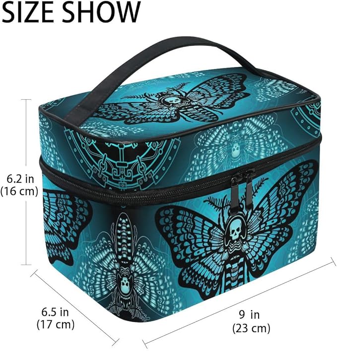 MNSRUU Makeup Bags, Gothic Blue Skull Moth Butterfly Makeup Organizer Bags Toiletry Bag Box Travel Cosmetic Bag Make Up Train Case for Women Teen Girl Ladies