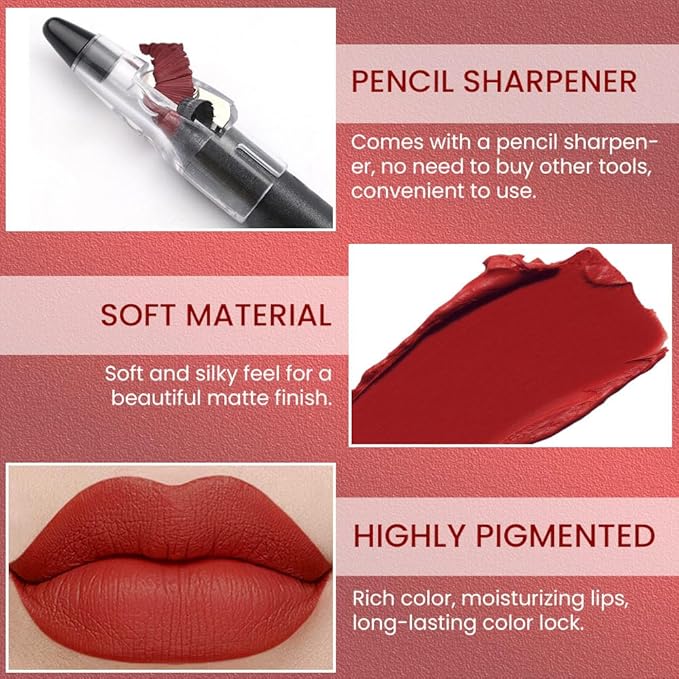 JUAAZIN Classical Red Matte Lip Liner Crayon with Sharpener - Waterproof Smudgeproof Long-Wear Lip Pencil, Creamy Pigmented Lip Crayon for Women, 12HR Stay Silky Velvet Lip Liner 06#