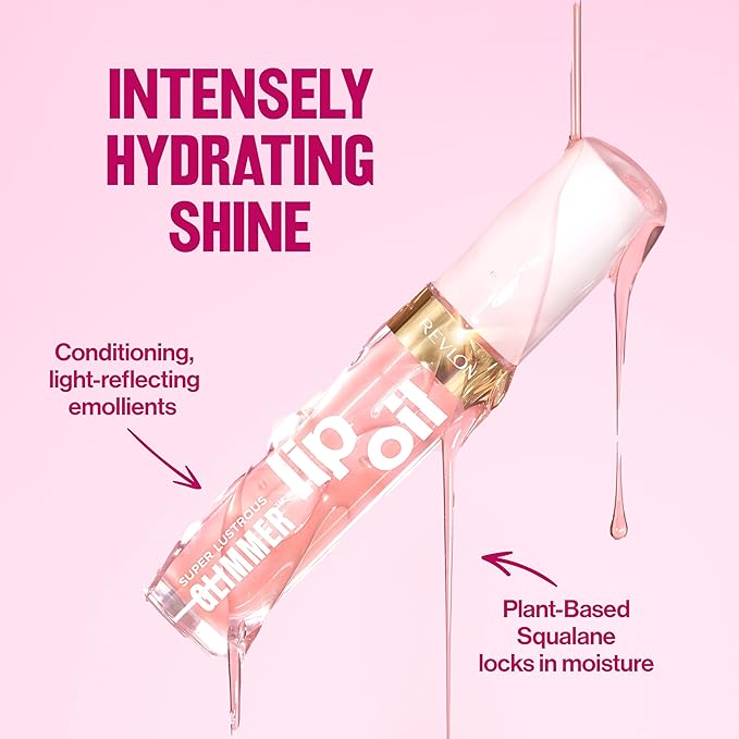 REVLON Super Lustrous Glimmer Lip Oil, Moisturizing & Tinted, Shiny Finish, Made with Plant-Based Squalane, 002 Miss Coral, 0.13 fl oz