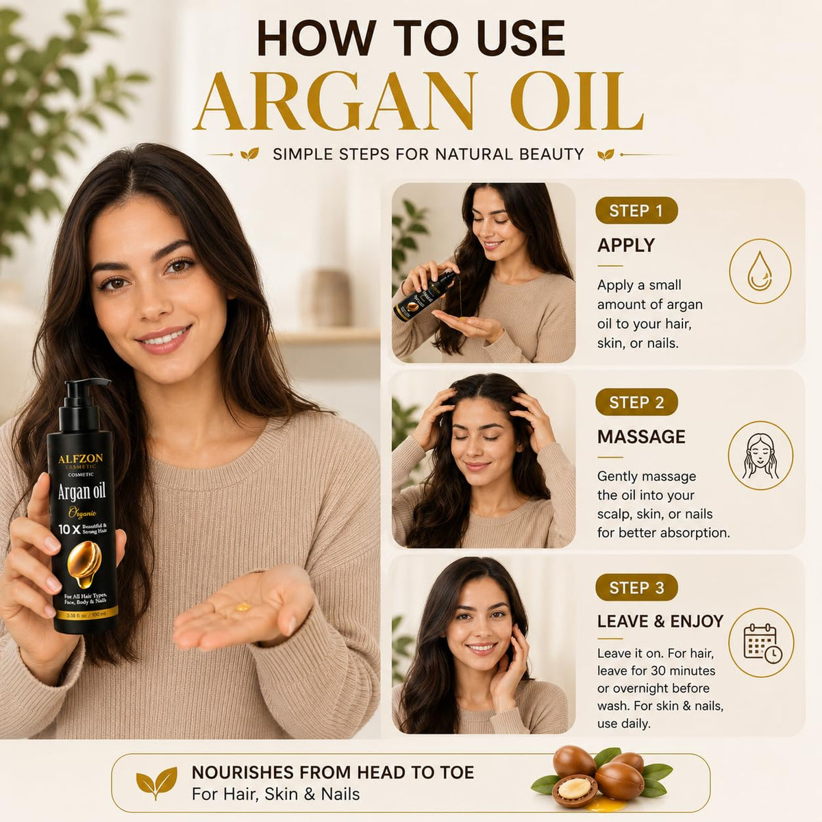 Moroccan Argan Oil for Hair, Face & Skin, 100% Pure, Cold Pressed, 3.38 oz