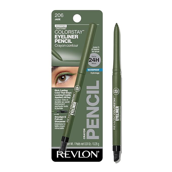 Revlon ColorStay Pencil Waterproof Eyeliner, Smudge-Proof, Eye Makeup with Built-In Sharpener, Long-Lasting, Shimmer Finish, 206 Jade, 0.01 oz