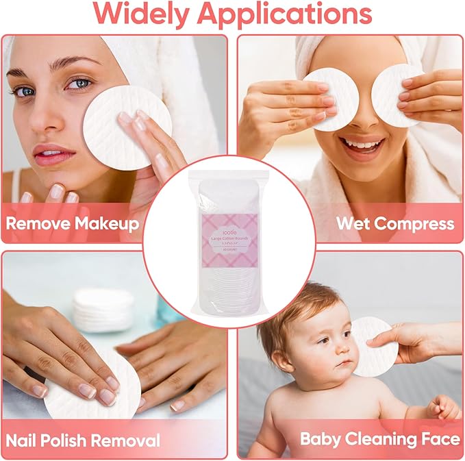 ICOTLE Extra Large Cotton Rounds, Diameter 3.14", 100% Pure Cotton Pads, Soft and Lint-Free, for Removing Makeup, Nail Polish, and Cleansing Face, 120 Count