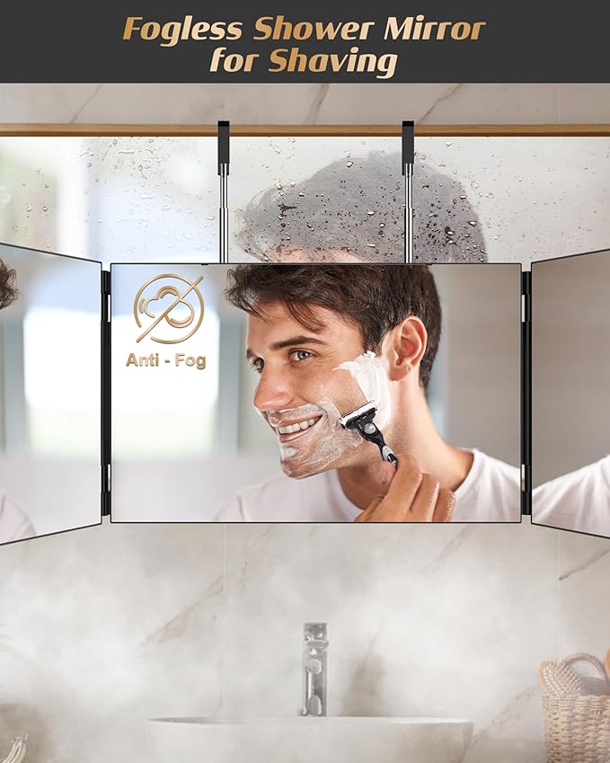 JUSRON 360 Viewing Angle Self Hair Cutting Mirror, Clear Anti-Fog HD Glass (1, Black Without LED with Accessories)