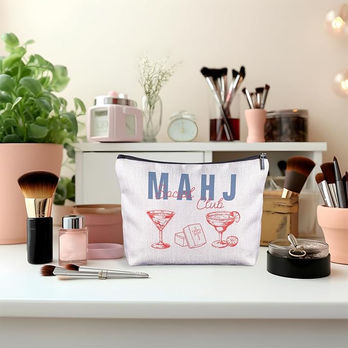 Zomhix Trendy Mahjong Cocktail Makeup Bag, Mahjong Lover Player Gifts Cosmetic Bags for Women, Gifts for Cocktail Lovers Makeup Zipper Pouch