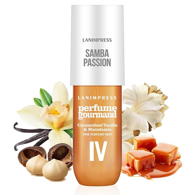 LANIMPRESS 3 FL OZ No.4 Hair Mist and Body Spray for Women,Eau De Parfum, Amber Gourmet Perfume, Sweet Scent– With Notes of Roasted Macadamia Nuts,Caramel Vanilla,Coconutblossom, Travel Size Fragrance