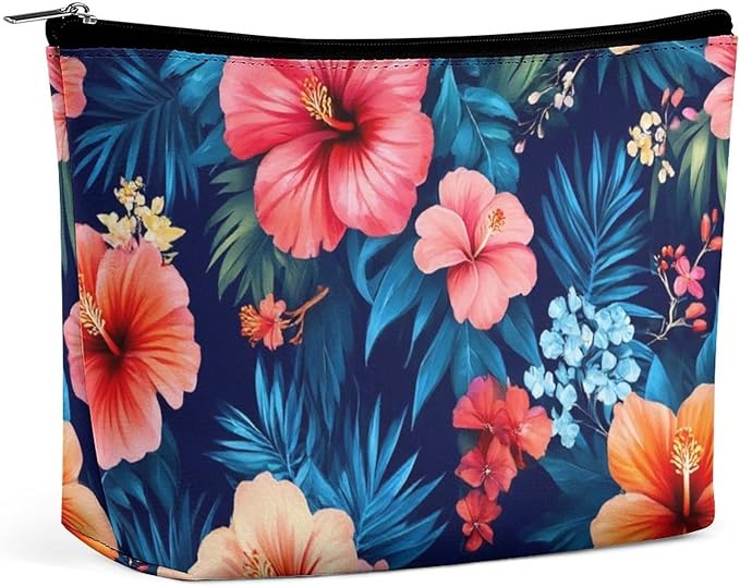 Meaudiwes Travel Cosmetic Bag, Large Makeup Case, Toiletry Bag, Personality Fashion Zipper Cosmetic Case Tropical Hawaiian Colorful Hibiscus Flowers