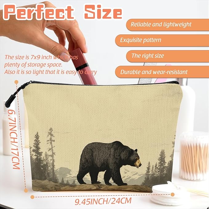 Scribesense Cosmetic Bags Travel Makeup Toilet Case Waterproof Pouch for Women Girls 6.7X9.45inches - Black Bear Walking in A Mountainous Forest Landscape
