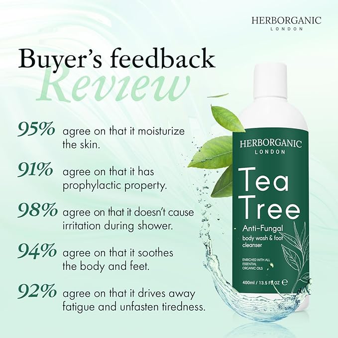HERBORGANIC Tea Tree Body Wash - 400ml - Body Wash - Vegan, Odor and Foot Cleansing Shower Gel
