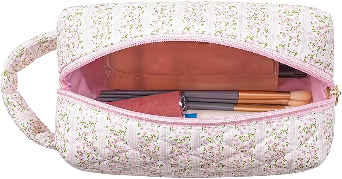HHQQWZ Makeup Bag Travel Cosmetic Bag for Women, Zipper Make Up Pouch, Floral Flowers Toiletry Organizer Makeup with Handle, Cosmetic Travel Cloth Bag (Pink Floral)