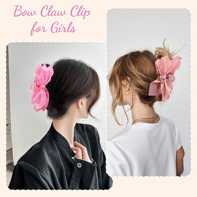 Hadutrek Bow Claw Clips Bow Hair Clips Pink 3PCS Big Hair Bows for Women Butterfly Styling Large Hair Clips for Thick Hair for Girls Hair Accessories for Women