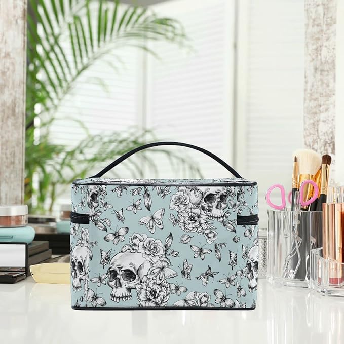 MNSRUU Skull Makeup Bag, Vintage Goth Skull Butterfly Makeup Organizer Bags Toiletry Bag Box Travel Cosmetic Bag Make Up Train Case for Women Teen Girl Ladies