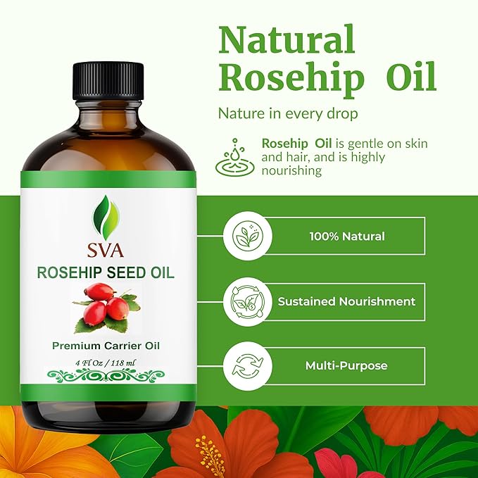 SVA Rosehip Seed Oil 4 Fl Oz - for Face, Skin Care, Hair Care, Scalp Massage & Body Massage – Carrier Oil with Dropper