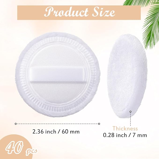 SiliFine 40 Pcs Cotton Powder Puffs Bulk Washable, 2.36 Inch Round Makeup Dusting Powder Puff with Ribbon for Loose and Pressed Powderface Body Cosmetic, White