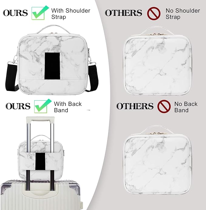 Oewoer Travel Makeup Bag 10.4 Inches Portable Makeup Train Case Cosmetic Bag Organizer with Adjustable Dividers and Shoulder Strap for Cosmetics Brushes Toiletry Jewelry Digital Accessories (Marble)