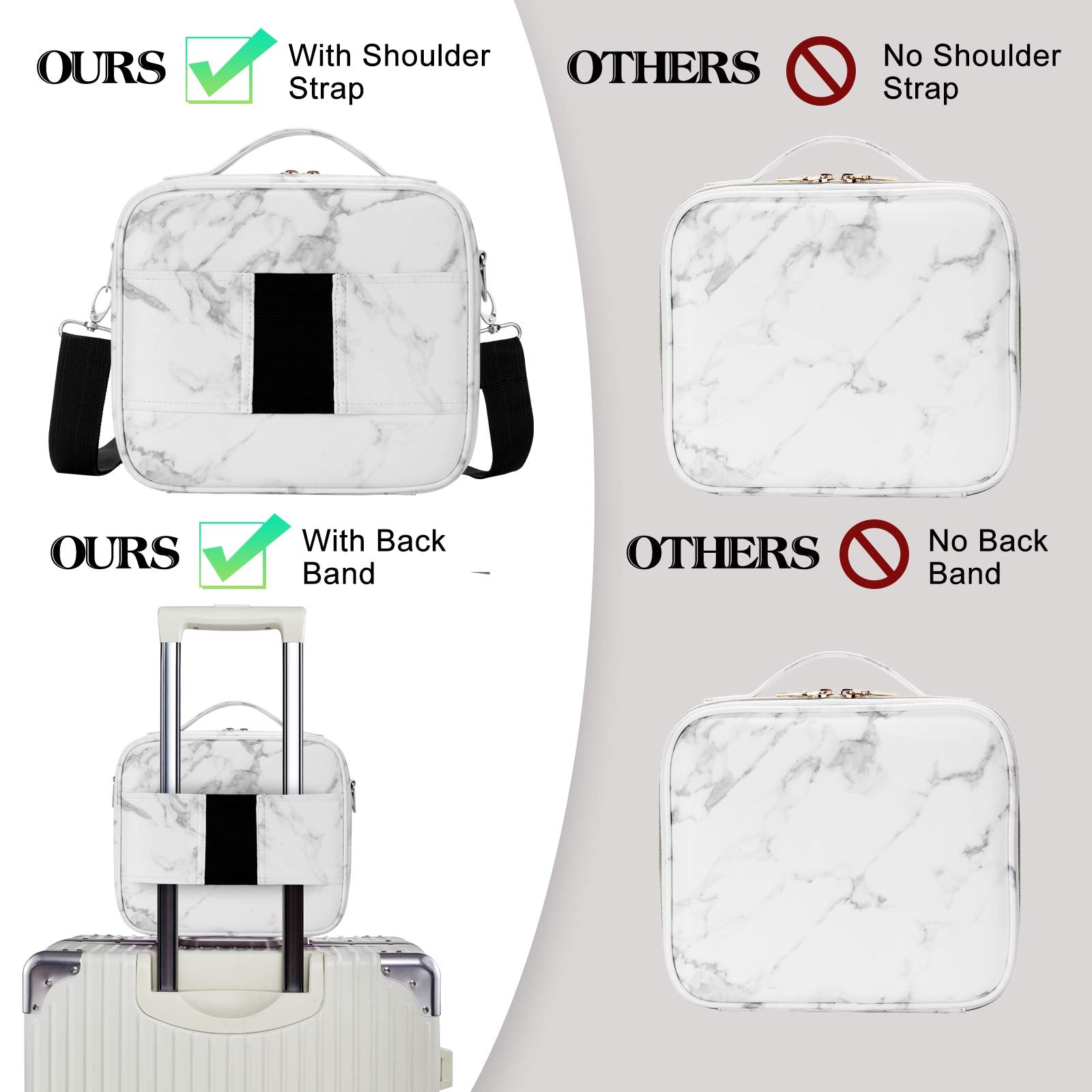 Oewoer Travel Makeup Bag 10.4 Inches Portable Makeup Train Case Cosmetic Bag Organizer with Adjustable Dividers and Shoulder Strap for Cosmetics Brushes Toiletry Jewelry Digital Accessories (Marble)