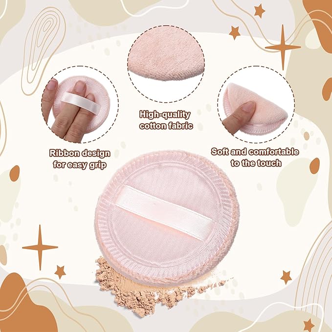 Xindojuz 12 PCS Makeup Powder Puffs, 2.36 Inch Washable Cotton Soft Makeup Remover Pads for Face, Mini Round Cushion Foundation Puffs with Ribbon for Loose Setting Pressed Powder (Beige)