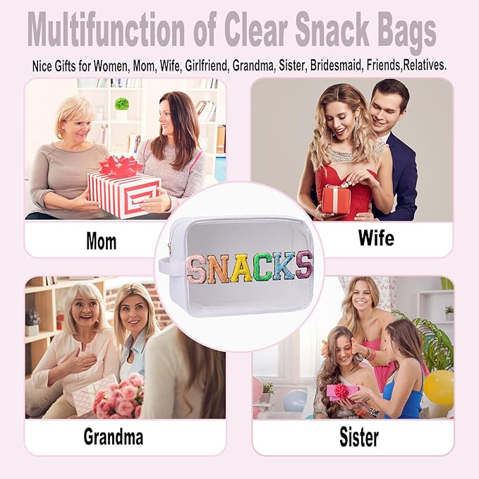YogoRun Clear Large Chenile Letter Snack Bag Travel Essentials Clear Toiletry Bag for Travelling Make Up Bag Women Cosmetic Organizer (XL,White-Snacks)