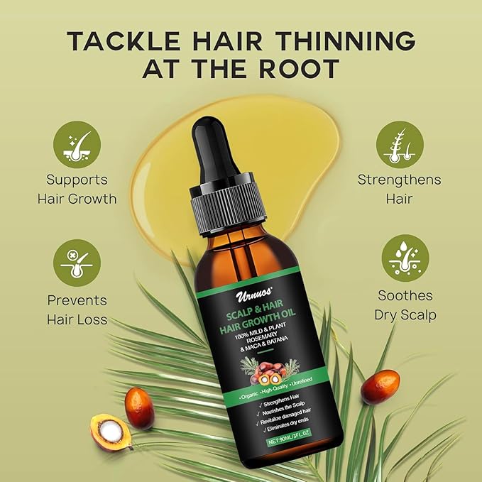 Urnuos Rosemary Batana Oil，Organic Hair Growth，Promotes Hair Thickness, Nourish Scalp and Hair for All Hair Tapes (1 Fl Oz)