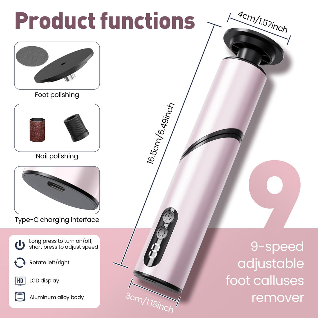 Electric Foot Callus Remover,2 in1 Rechargeable Callus Remover for Feet,9-Speed Cordless Electric Foot File Nail Grinder,Foot Scrubber Pedicure Tools for Dead Skin Dry Cracked Feet(Pink Fold)