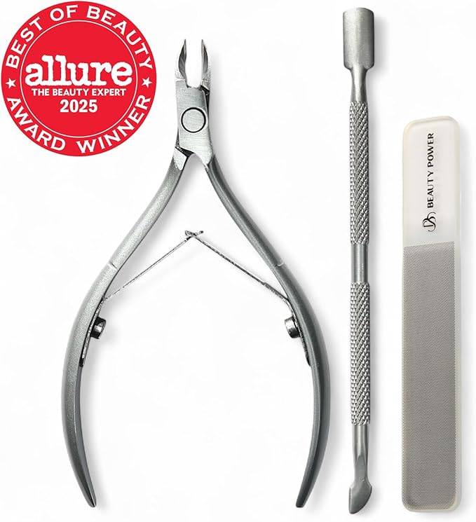 Beauty Power Manicure Pedicure Set 7-in-1 Stainless Steel, Ultra Sharp, Slanted Nail Clipper, Fingernail Clipper, Cuticle Nipper, Glass Nail File, Eyebrow Tweezers, Scissors, Case - Gift Idea - Gray