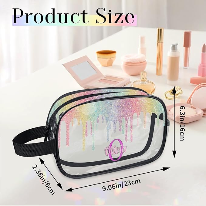 KFNHN Personalized Name Makeup Bag, Custom Women Transparent PVC Cosmetic Travel Toiletry Bag Pouch Organizer for Vacation Weekend Colorful Rainbow Sequins Water Fluid Shape