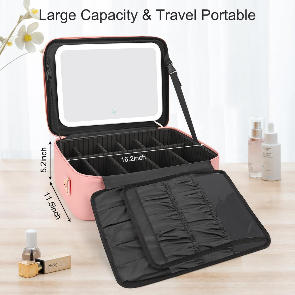 Chomeiu Makeup Bag with LED Mirror, Large Train Case for Makeup Artists, 16.2 inches Travel Professional Cosmetic Organizer with Light Up Mirror, 3 Color Lights, Brush Holder & Shoulder Strap (Pink)