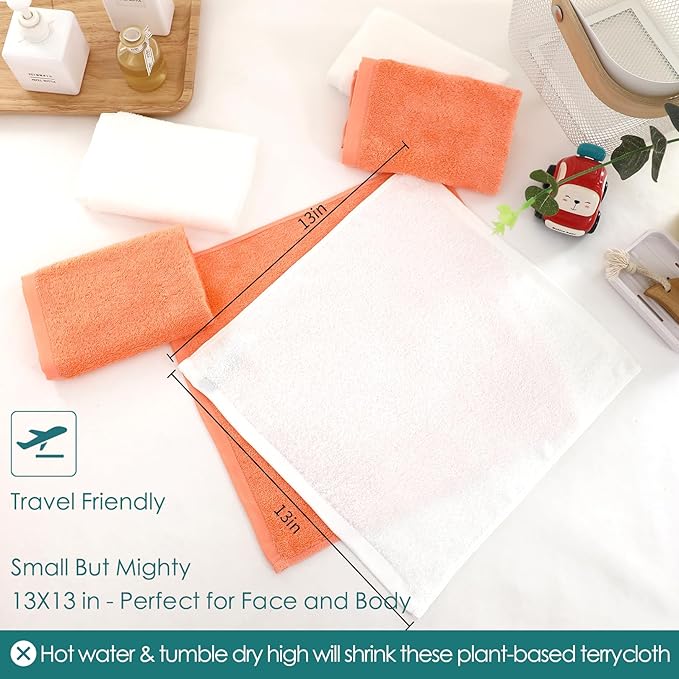 Wash Cloths 6 Pack,Face Towel for Sensitive Skin,13''x13'',White+Orange