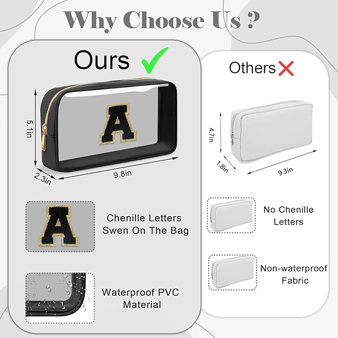 UIXIZQ Personalized Initial Letter Clear Makeup Bag,Preppy Small Nylon&PVC Cosmetic Zipper Bag with Chenille Letter,Travel Skincare Toiletry Bag,Monogram Christmas Gift for Teen Girls Women,O
