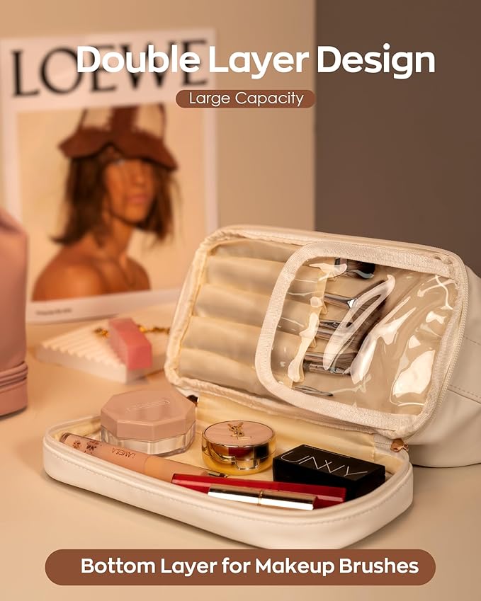 Personalized Friend Gifts, Initial Large Makeup Bag, Personalized Double Layer Cosmetic Bag with Makeup Brush Organizer, Waterproof, Large Capacity PU Leather Toiletry Bag，Teacher Gifts