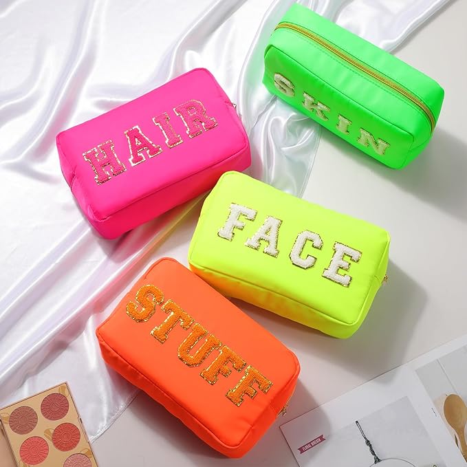 Remerry 4 Pcs Nylon Makeup Bags Waterproof Spacious Travel Cosmetic Bag for Women Chenille Letter Preppy Zipper Pouch Face Stuff Skin Hair Organizer Gift(Fluorescent Colors)