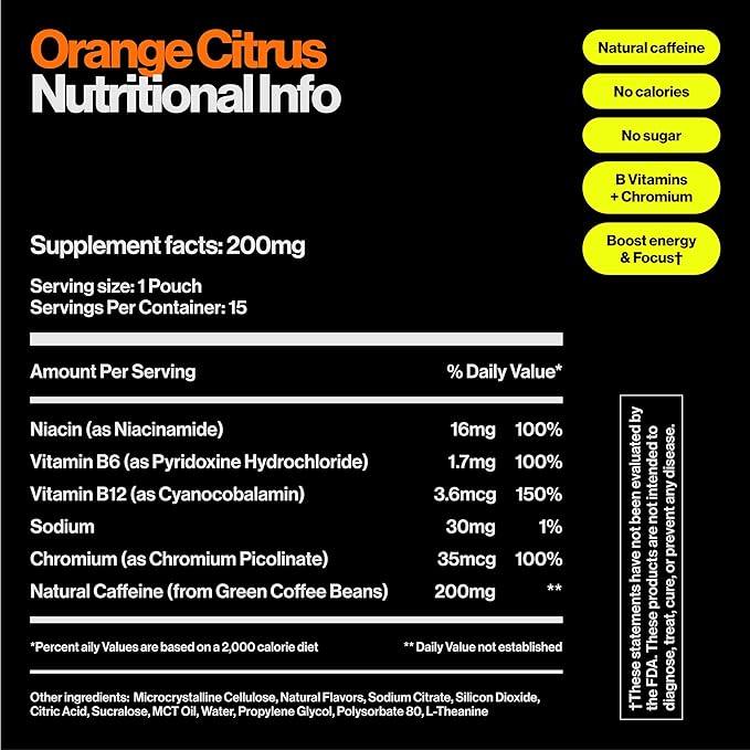 Wip Energy Pouches, Sugar Free Blend with 200 MG Natural Caffeine, B Vitamins, Minerals & L Theanine for Energy Support, Pre Workout for Active Lifestyles, Orange Citrus, 3 Cans, 15 Pouches Each