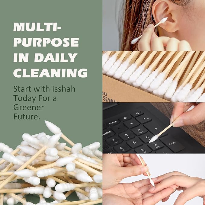 Isshah Natural Bamboo Cotton Swabs - Pointed & Spiral Tips - 1000 Count