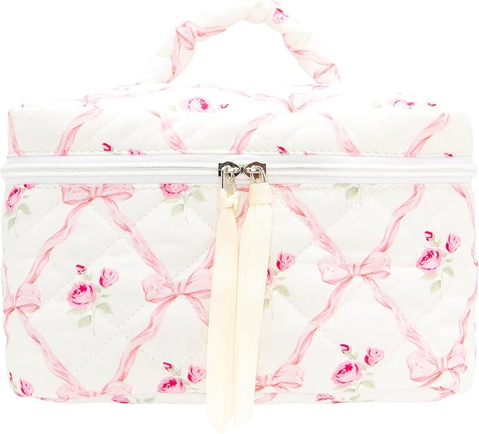 Quilted Makeup Bag for Women, Travel Cosmetic&Toiletry Bag,Bow Rose