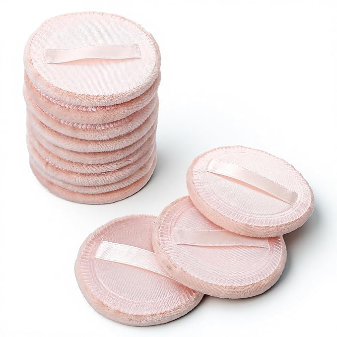 Xindojuz 12 PCS Makeup Powder Puffs, 2.36 Inch Washable Cotton Soft Makeup Remover Pads for Face, Mini Round Cushion Foundation Puffs with Ribbon for Loose Setting Pressed Powder (Beige)