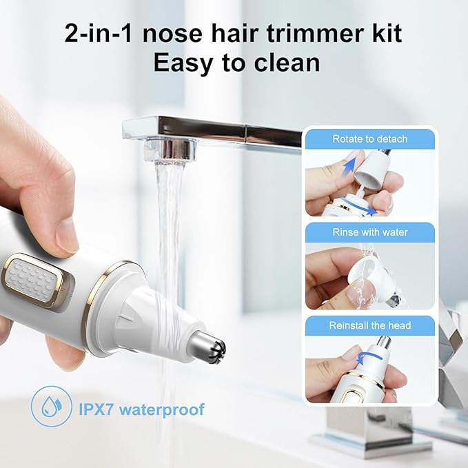 XOOMRSCP Nose Hair Trimmers for Women Men，Rechargeable Hair Trimmer 2 in 1 Painless Multifunctional Ear and Nose Hair Trimmer with IPX7 Waterproof Dual Edge Blades (White)