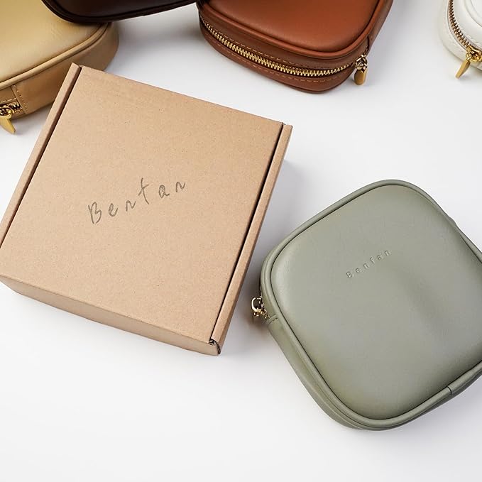 Benfan Leather Cosmetic Bag for Women Small Zipper Makeup Bag for Purse Waterproof Travel Makeup Organizer Charger Storage Pouch Color Green