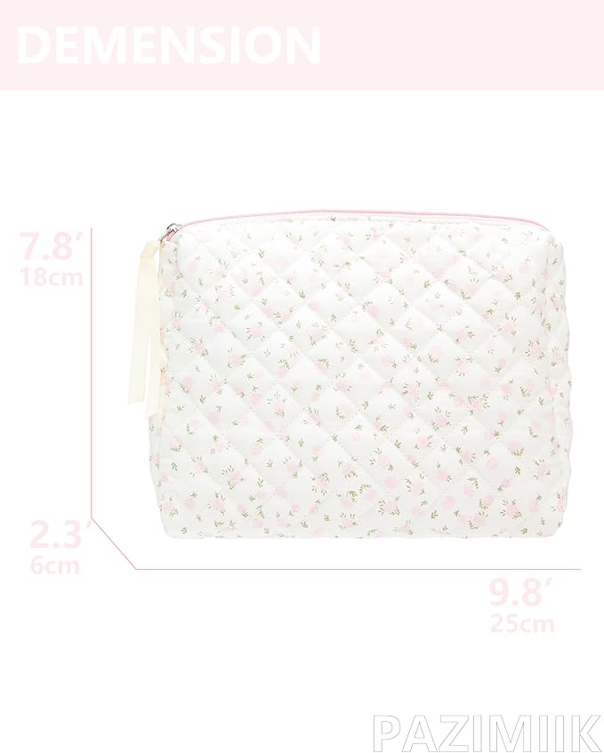 Quilted Makeup Pouch for Women, Travel Cosmetic&Toiletry Bag,Flower Pink