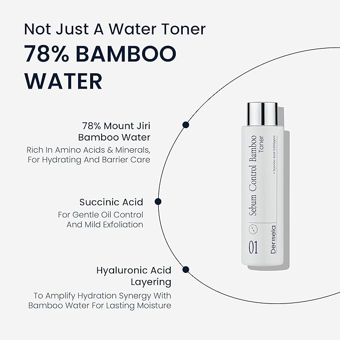 Dermela Sebum Control Bamboo Toner, 78% Bamboo Water with Niacinamide, Hyaluronic & Succinic Acids, Oil & Pore Control, 6.76 fl oz (200 mL) | Korean Toner for Oily, Combination & Sensitive Skin
