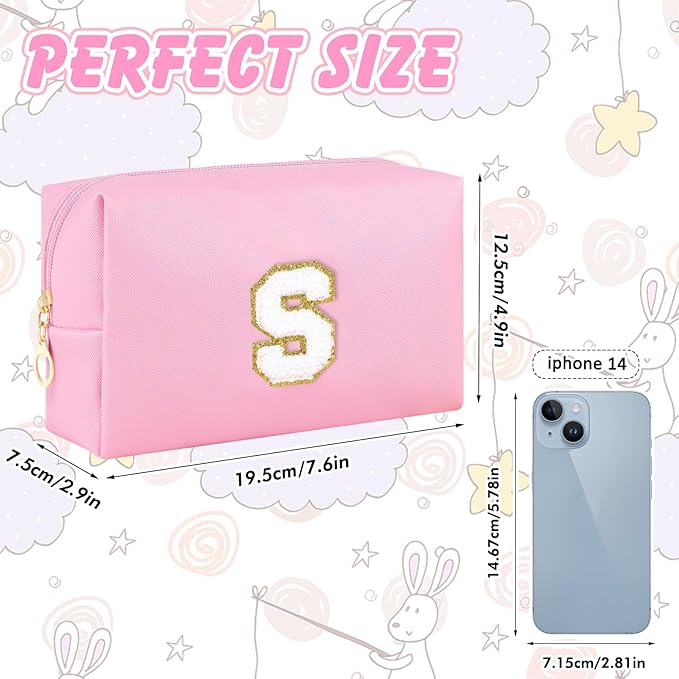 URSKYTOUS Patch Makeup Bag Travel Small Cosmetic Bag Pink PU Makeup Pouch Zippered Personalized Preppy Initial Skin Care Stuff Bag for Women Birthday Gift Teen Girl Gifts Trendy Stuff(S)
