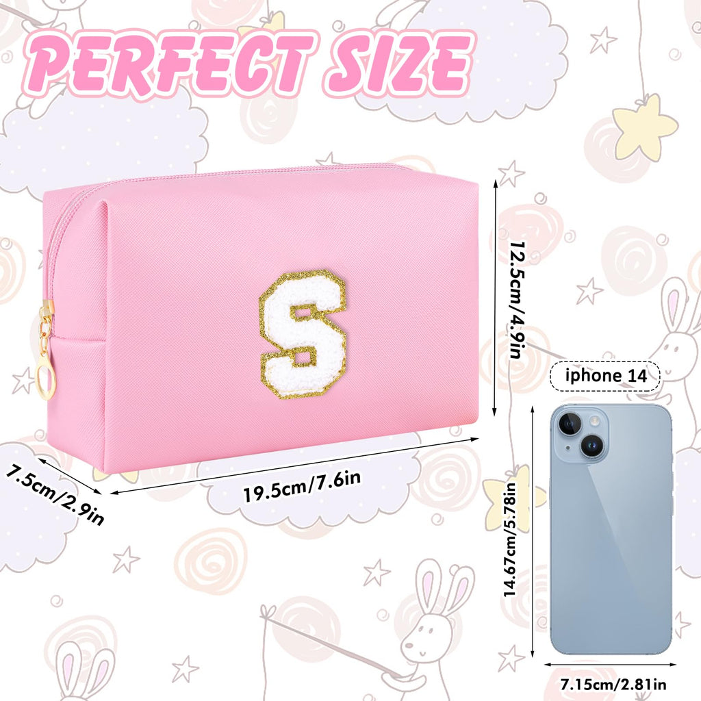 URSKYTOUS Patch Makeup Bag Travel Small Cosmetic Bag Pink PU Makeup Pouch Zippered Personalized Preppy Initial Skin Care Stuff Bag for Women Birthday Gift Teen Girl Gifts Trendy Stuff(S)
