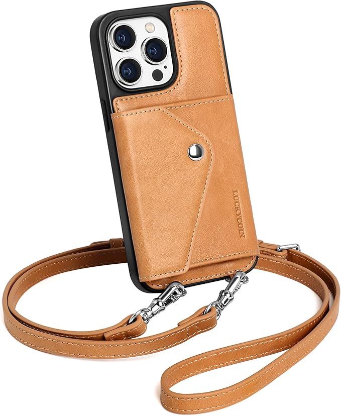 LUCKYCOIN Crossbody Phone Case for iPhone 14 Pro Max, 100% Genuine Leather Phone Wallet Case for Women, Premium Hands-Free Phone Purse with Expandable Flip Card Holder & Adjustable Strap - Retro Tan