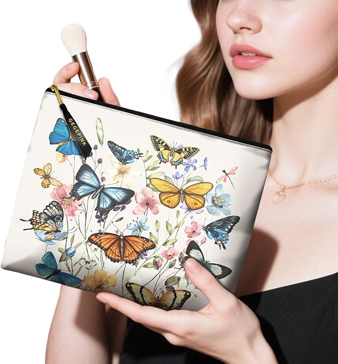 GEGEPINK Cute Makeup Bag for Purse Waterproof Cosmetic Bags for Women Funny Smooth Zipper Travel Toiletry Pouch 10X8 Inches-Butterfly Wildflower Makeup pouch