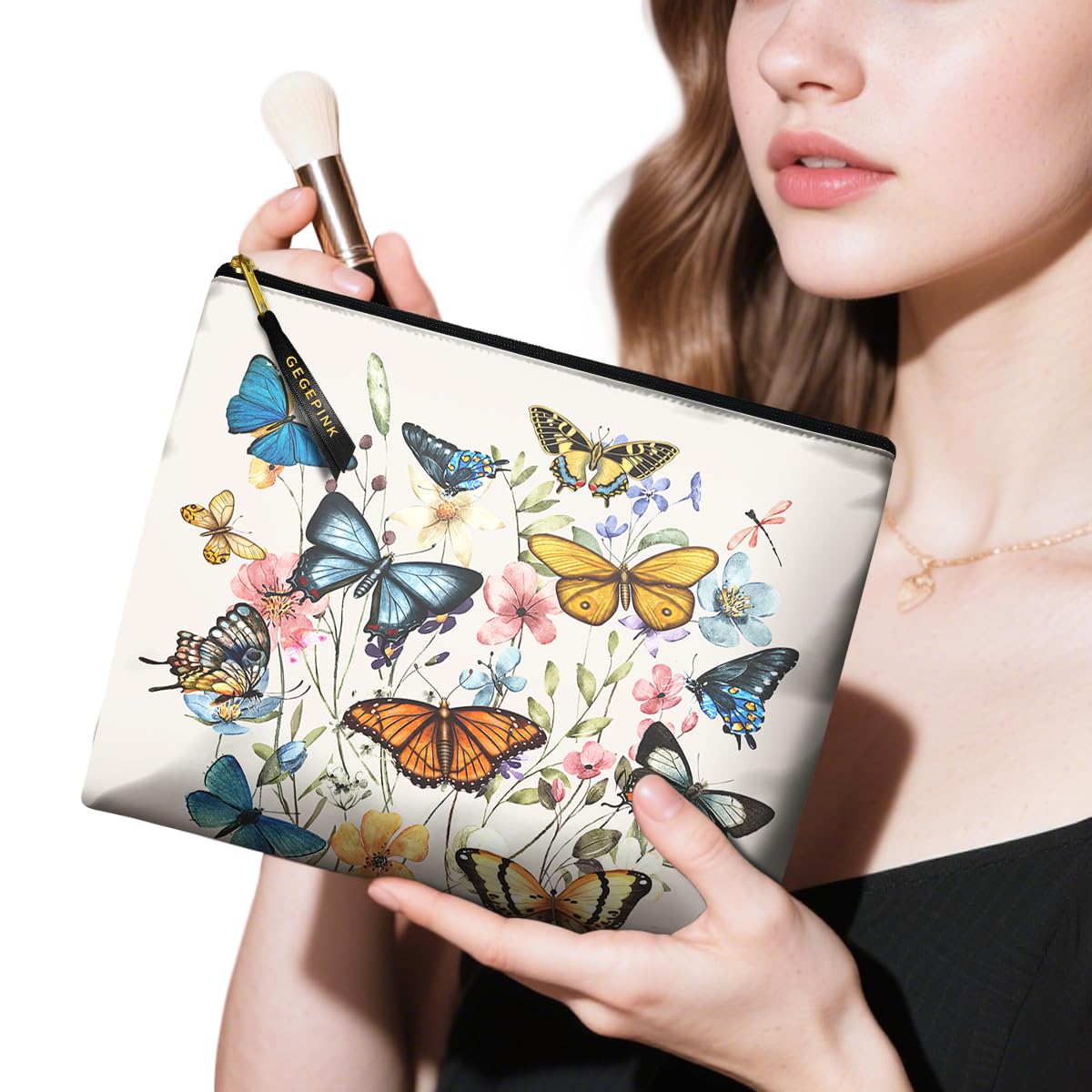 GEGEPINK Cute Makeup Bag for Purse Waterproof Cosmetic Bags for Women Funny Smooth Zipper Travel Toiletry Pouch 10X8 Inches-Butterfly Wildflower Makeup pouch
