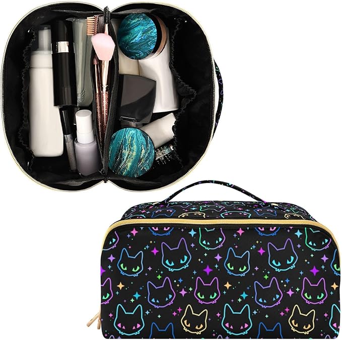 MNSRUU Makeup Organizer Bag, Colorful Neon Cat Heads Travel Makeup Bags Makeup Vanity Case Large Capacity Rhombus Cosmetic Toiletry Bag for Girl Women Ladies