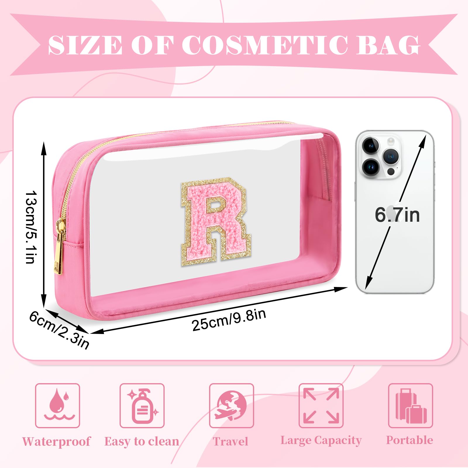 Personalized Initial Letter Clear Makeup Bag,Preppy Small Nylon&PVC Cosmetic Zipper Bag with Chenille Letter,Portable Beach Travel Skincare Toiletry Bag,Trendy Monogram Gift for Teen Girls Women,R